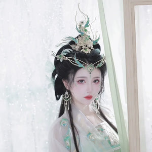 Song of the Peacock Plume – Gold-Plated Hanfu Headdress Set with Tassels & Crown Ornament - Yandan_Hanfu