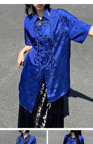 New Chinese style | Klein blue button-down shirt casual all-match shirt suit - Yandan_Hanfu