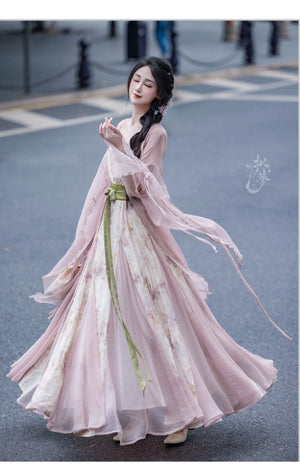 Pink Chinese style Han element dress big pendulum fish tail tattered sleeve fairy energy spring and summer suit - Yandan_Hanfu