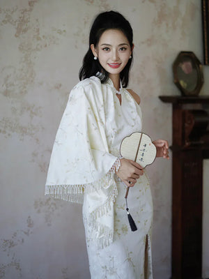 "Qianzhi" white embroidered shawl showing thin backless cheongsam bride wedding dress toast engagement - Yandan_Hanfu
