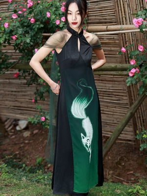 New Chinese Neck Dress Women Summer Retro Splicing Chiffon Fox Printing Improved Cheongsam Skirt - Yandan_Hanfu