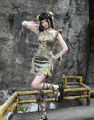 Spring Dragon Festival, Embroidered Short Cheongsam Dress Halloween - Yandan_Hanfu