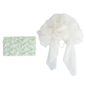 Mint green Bing'er kimono belt set with textured waist seal and white oversized flower knot, designed for easy and elegant wear.