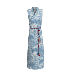 Ink-Dye V-Neck A-Line Dress – Modern Hanfu Silhouette with Tibetan-Inspired Details - Yandan_Hanfu