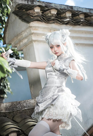 New Chinese style white Dress Cheongsam Maid Apron Short Dress Lolita - Yandan_Hanfu