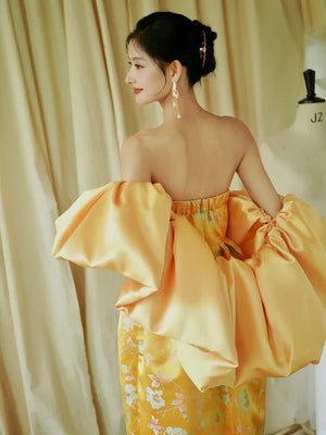 "Yunjing" yellow jacquard pregnant woman cheongsam bride toast dress - Yandan_Hanfu