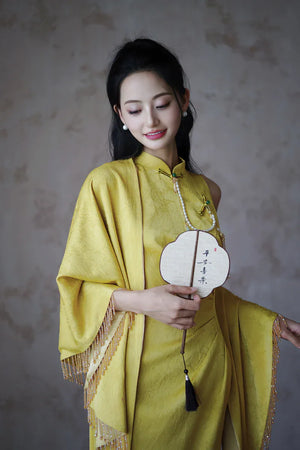 "Autumn Rhyme" Yellow Dark Pattern Cheongsam Shawl Bridal Wedding Dress Toast Dress - Yandan_Hanfu