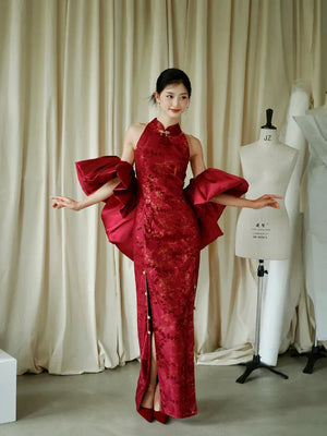 "Jubilee Bell" Red Cheongsam Shawl Bridal Toast Engagement Dress - Yandan_Hanfu