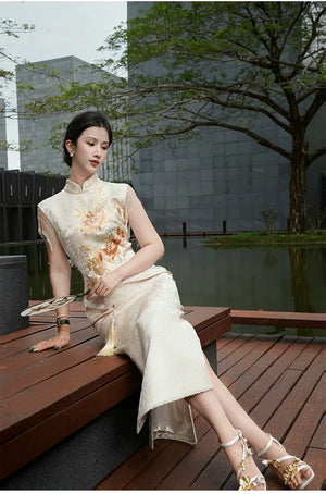Golden Tang Ode – Luxury Modern Cheongsam | Artisanal Brocade & Couture Detailing - Yandan_Hanfu