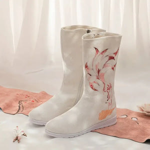 Hanfu Embroidered Boots – Women's White Fox Traditional Chinese Style Winter Boots - Yandan_Hanfu