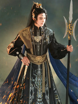 Lanling King blue and gold black faucet horse dress set large size vest - Yandan_Hanfu