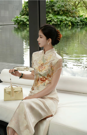 Golden Tang Ode – Luxury Modern Cheongsam | Artisanal Brocade & Couture Detailing - Yandan_Hanfu