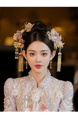 Blush Pink Chinese Bridal Hairpin Set – Handmade Floral Headpiece for Hanfu & Qipao Wedding Look - Yandan_Hanfu