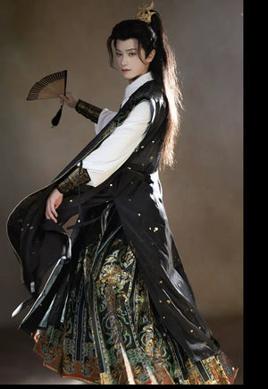 Unisex Hanfu Set – Inlaid Bronze-Inspired Brocade Horse-Face Skirt in Modern Chinese Style - Yandan_Hanfu