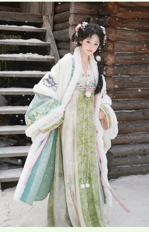 Verdant Atelier – Winter Tang-Style Hanfu Set with Cloak, Cross-Collar Top & Qi-Chest Skirt - Yandan_Hanfu
