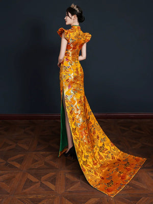 Runway Elegance – Luxury New Chinese Style Mermaid Train Gold Qipao Evening Gown - Yandan_Hanfu
