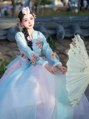 Blue Hanbok three-dimensional flower Korean clothes Yanji clothing - Yandan_Hanfu