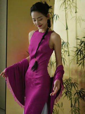 "Rose Hairpin" Dragon Fruit Color Piece Cheongsam Bridal Wedding Dress Engagement - Yandan_Hanfu