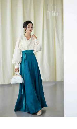 Blue collar shirt versatile beige top, lantern sleeve retro horse skirt - Yandan_Hanfu