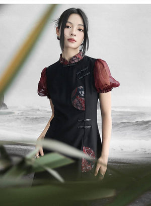 New Chinese style retro sweet and cool bubble sleeve jacquard contrasting color splicing skirt - Yandan_Hanfu