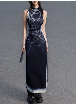 Black&white pearl knitted printed cheongsam new Chinese Y2K Spice Girl sleeveless cheongsam dress - Yandan_Hanfu