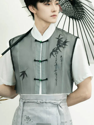 Unisex Modern Grey Hanfu Set – Cross-Collar Jacket with Brocade Ma Mian Skirt - Yandan_Hanfu