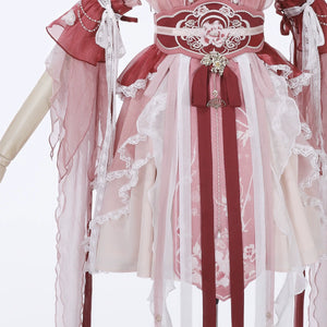 Lower half of Red Hanfu Dress New Chinese Feather Rust Waist Seal Suspender Skirt on mannequin with lace and ribbon accents.