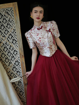 "Mei Xue Gauze Dress Set" Bridal Red Engagement Dress Cheongsam Xiuhe Dress - Yandan_Hanfu