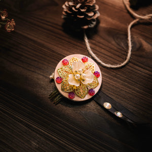 Beige Korean traditional headgear with pink gem accents and gold floral centerpiece, perfect for cultural hair accessories.