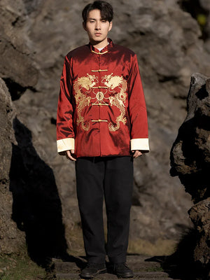 Chinese style dragon pattern embroidery retro Tang suit men's buckle winter cotton-padded jacket - Yandan_Hanfu
