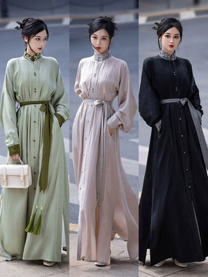 New Chinese style | Everyday stand-up collar dress shirt long skirt - Yandan_Hanfu