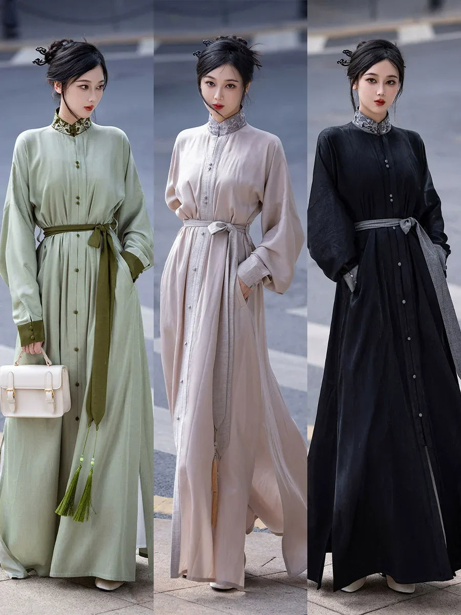 New Chinese style | Everyday stand-up collar dress shirt long skirt - Yandan_Hanfu