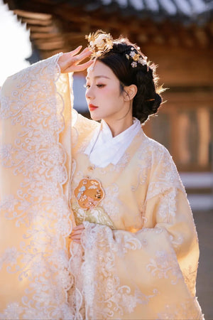 Couple Hanbok Wedding Outfit – Korean Palace Style Dress with Lace Detail for Summer Photoshoots - Yandan_Hanfu