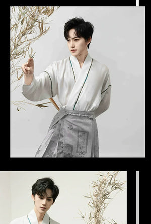 Unisex Modern Grey Hanfu Set – Cross-Collar Jacket with Brocade Ma Mian Skirt - Yandan_Hanfu