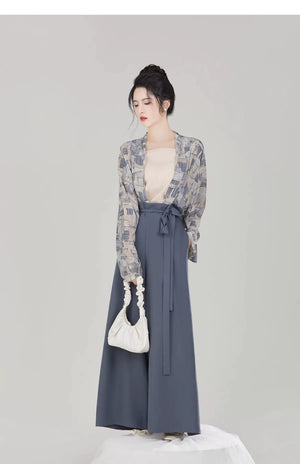 Qianmo Summer Hanfu Set – Song-Style Strap Top, Wide-Sleeve Shirt & Relaxed Pants for Women - Yandan_Hanfu