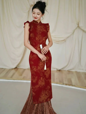Lotus Step – Red Mermaid Qipao for Wedding, Engagement & Tea Ceremony - Yandan_Hanfu