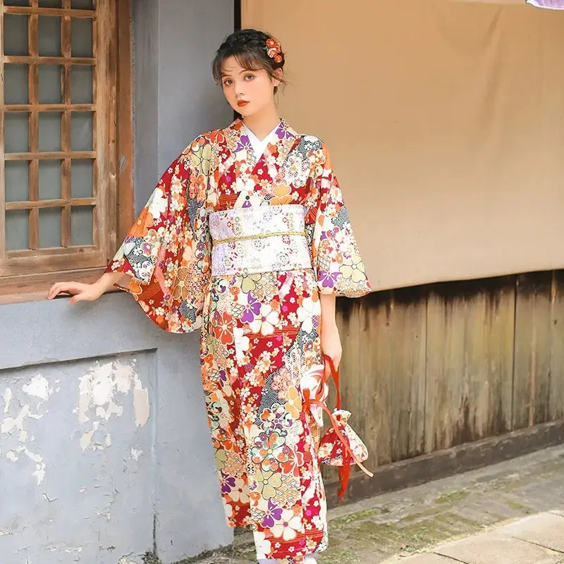 Dark red Japanese retro improved kimono Japanese yukata, fireworks kimono dress - Yandan_Hanfu