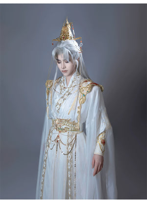 【Radiance of the Dragon】 White Hanfu Ensemble with Cross-Collar, Clouded Shoulders & Embroidered Seal men Unisex - Yandan_Hanfu