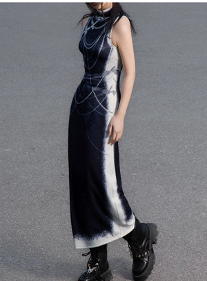 Black&white pearl knitted printed cheongsam new Chinese Y2K Spice Girl sleeveless cheongsam dress - Yandan_Hanfu