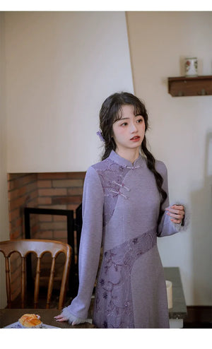 ''Falling Grace" Lace Qipao Cheongsam Dress & Faux Fur Jacket – Winter Collection - Yandan_Hanfu