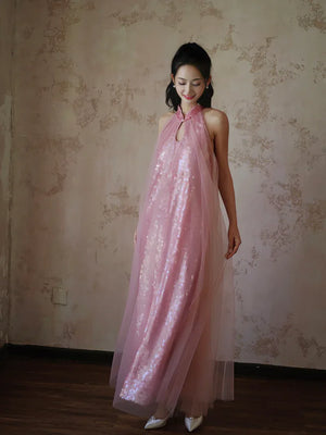 "Bella" pink sequined gauze halter dress bride - Yandan_Hanfu