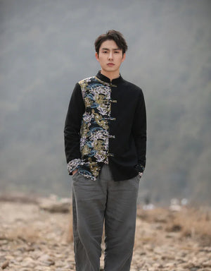 New Chinese style disc button top contrasting coat printing Tang suit men - Yandan_Hanfu