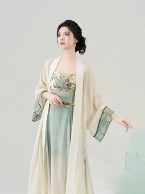 Walking Through Green Hills – Tang-Inspired Hanfu Dress Set with Camisole Gown and Overlap Blouse - Yandan_Hanfu