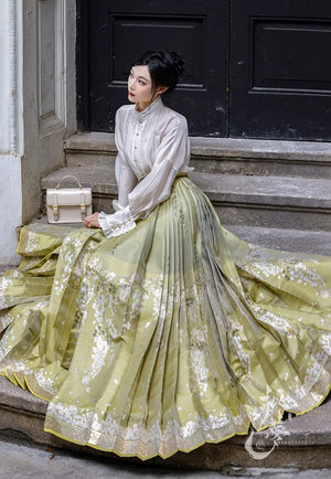 Light Green Modern Hanfu | Dreamy Flower Mamian Skirt Work Daily Hanfu - Yandan_Hanfu