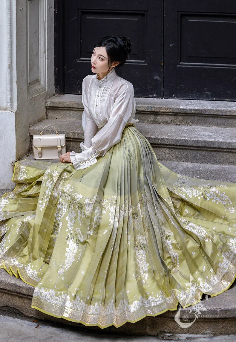 Light Green Modern Hanfu | Dreamy Flower Mamian Skirt Work Daily Hanfu - Yandan_Hanfu