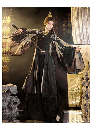 Black&Gold Tang-Style Hanfu Couple Set – Traditional Chinese Outfit with Wide-Sleeve Robe & Printed Hezi Skirt - Yandan_Hanfu