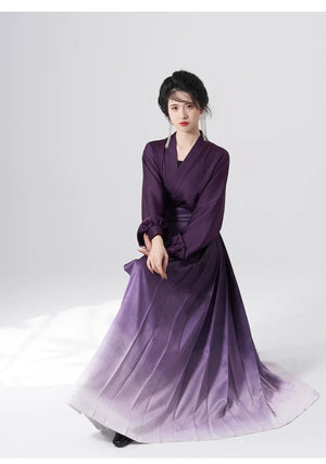 Ming style Hanfu aircraft sleeve top, dark purple gradient horse face skirt - Yandan_Hanfu