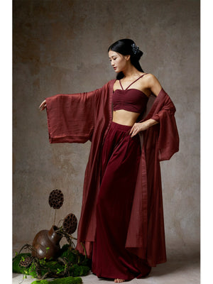 Yandan_Hanfu elegant wine red sheer tencel dance outfit with flowing cardigan, crop top