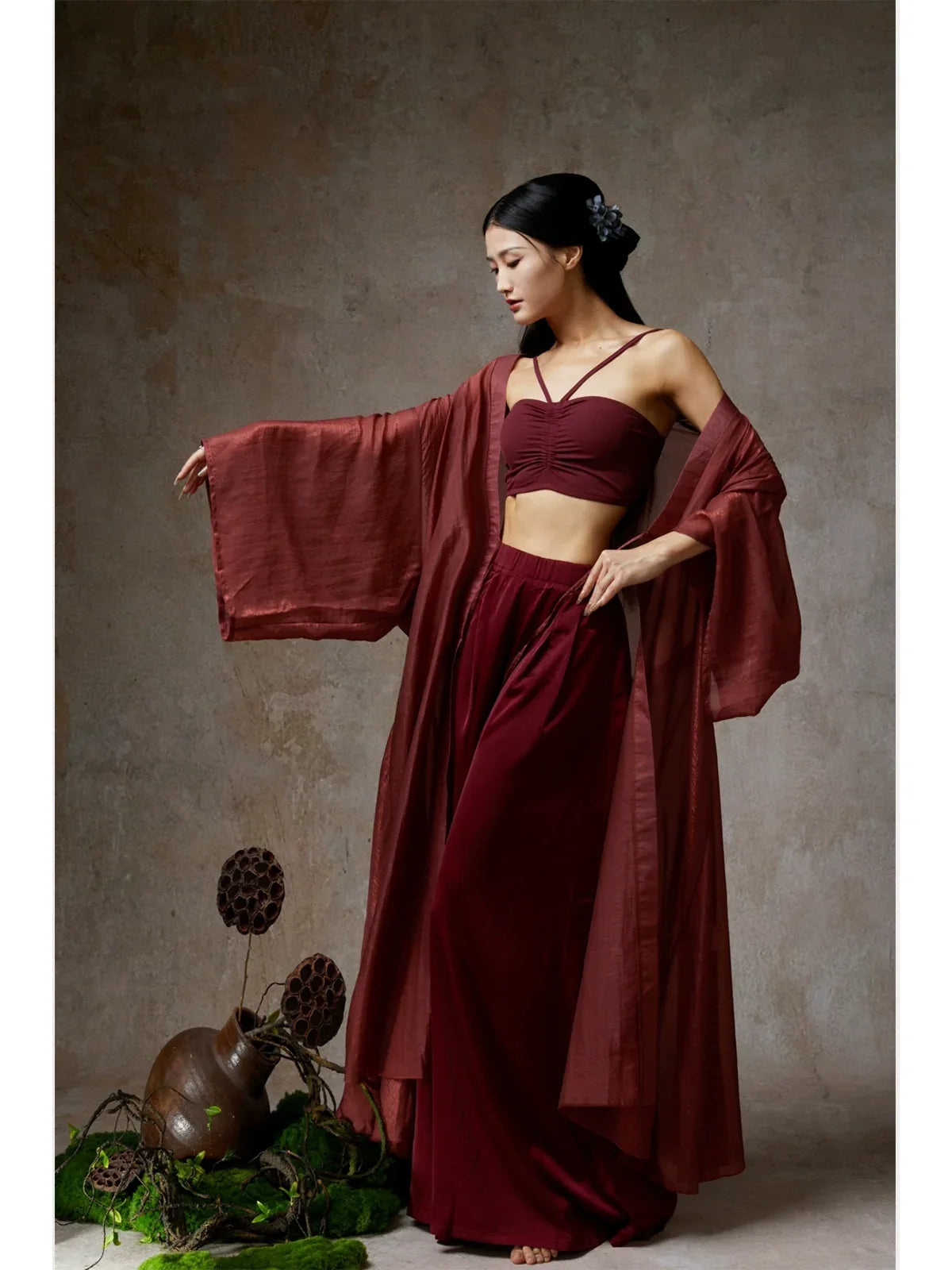 Elegant Wine Red Sheer Tencel Cardigan – Flowing Classical Dance Performance Outfit - Yandan_Hanfu