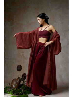 Elegant Wine Red Sheer Tencel Cardigan – Flowing Classical Dance Performance Outfit - Yandan_Hanfu